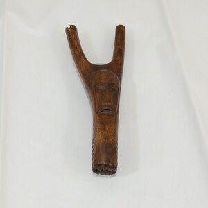 Hand Carved Slingshot Decorative Face & Warm Patina - Vintage Ethnographic Art
